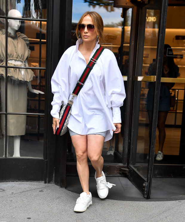 Jennifer Lopez Wears Biker Shorts and a White Shirt in NYC