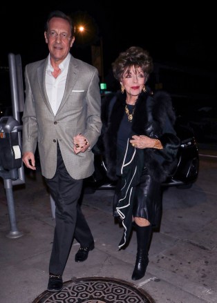 West Hollywood, CA - Joan Collins and Percy Gibson arrive for dinner at Craig's in West Hollywood.  Photo: Joan Collins, Percy Gibson BACKGRID USA January 25, 2023 TRACKING FORM MUST READ: BACKGRID USA: +1 310 798 9111 / usasales@backgrid.com United Kingdom: +44 208 344 2007 / uksales@backgrid. com *UK Customers - Images with Children Please pixelate faces before publishing*