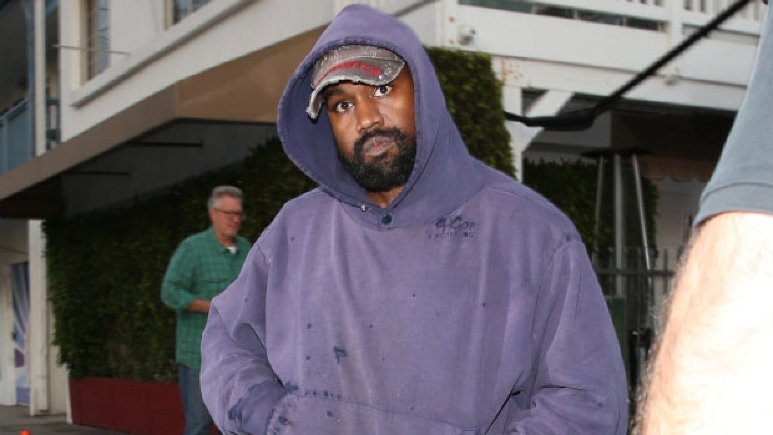 Kanye West In Ripped Purple Hoodie In Santa Monica: Photos – Hollywood Life