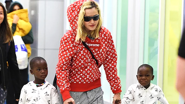 Madonna Matches Her Twins, 9, In Blue & White Dresses For 64th Birthday Celebration