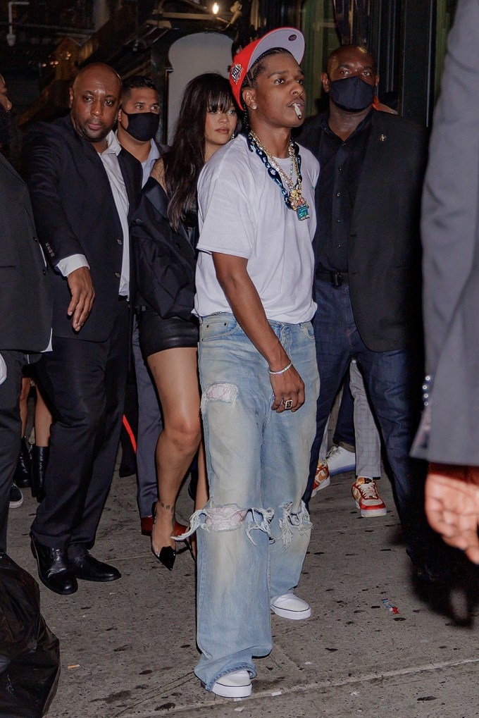 Rihanna and A$AP Rocky outside a club