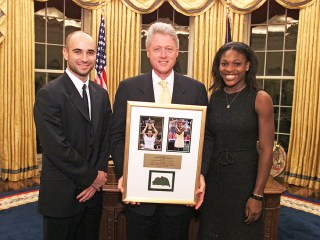 United States President Bill Clinton meets with US Open Tennis Champions Andre Agassi and Serena Williams in the Oval Office of the White House in Washington, DC. From Left to Right: Andre Agassi, President Clinton, Serena Williams.
Behind the scenes with US President Bill Clinton, USA