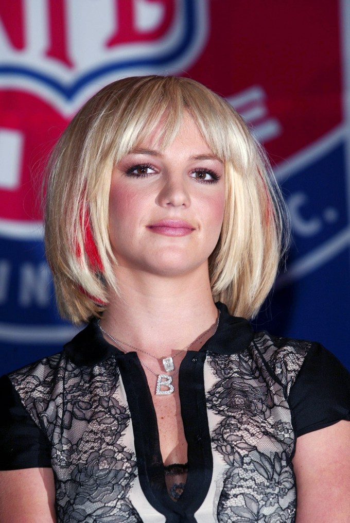 Britney Spears Blonde & Red Bob Haircut With Front Bangs (2003)