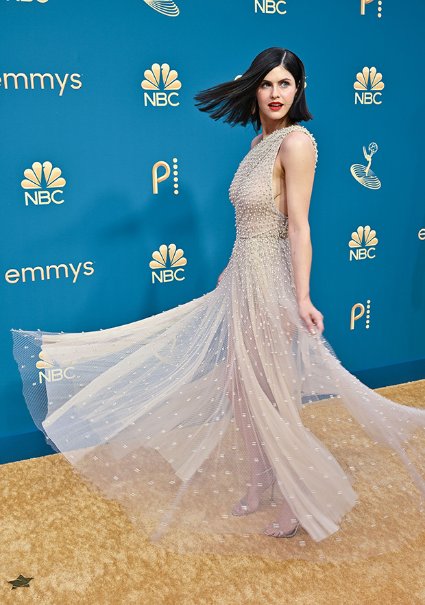 Alexandra Daddario At Emmys 2022: Sheer Beaded Dress – Hollywood Life
