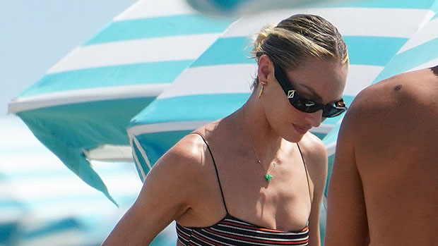 Candice Swanepoel chisporrotea en bikini a rayas en medio de informes de que está 'saliendo' con Kanye West