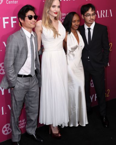 NEW YORK, NEW YORK - SEPTEMBER 29: Pax Thien Jolie-Pitt, Angelina Jolie, Zahara Marley Jolie and Maddox Chivan Jolie-Pitt attend the 'Maria' screening during the 62nd New York Film Festival at Alice Tully Hall, Lincoln Center on September 29, 2024 in New York City. (Photo by John Berry/GC Images)