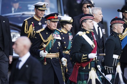 King Charles III and Princess Anne follow the procession of the coffin of Queen Elizabeth II to St Giles' Cathedral.
Procession Of Queen Elizabeth II's Coffin To St Giles Cathedral, Edinburgh, Scotland, UK - 12 Sep 2022