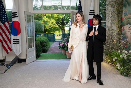 Actor Angelina Jolie and her son Maddox Jolie-Pitt arrive to attend a state dinner in honor of South Korean President Yoon Suk Yeol and South Korean First Lady Kim Keon Hee hosted by US President Joe Biden and First Lady Jill Biden at the White House in Washington, DC, USA, 26 April 2023.
USA South Korea State Dinner, Washington - 26 Apr 2023