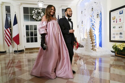 Chrissy Teigen, left, and John Legend arrive for the State Dinner with President Joe Biden and French President Emmanuel Macron at the White House in Washington
France, Washington, United States - 01 Dec 2022
