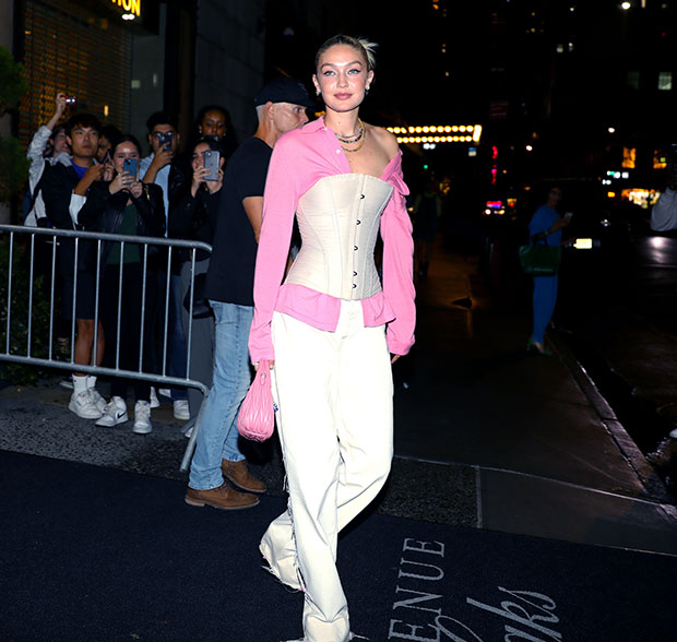 Gigi Hadid's Corset & Pink Shirt At Launch Party: Photos