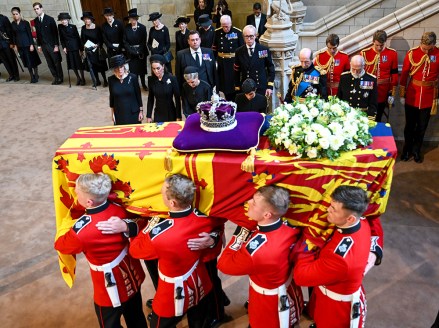 Camilla Queen Consort, Catherine Princess of Wales, Sophie Countess of Wessex and Meghan Duchess of Sussex as The coffin of Queen Elizabeth II is brought into Westminster Hall.
Queen Elizabeth II's coffin procession from Buckingham Palace to Westminster Hall, London, UK - 14 Sep 2022