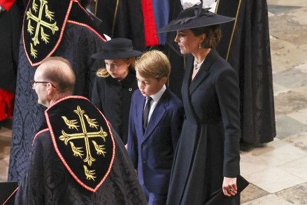 Kate of England, Princess of Wales, Princess Charlotte and Prince George arrive at Westminster Abbey on the day of the funeral of Queen Elizabeth II, during the Royal Funeral Service of London, London, UK - September 19, 2022
