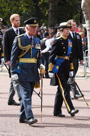 Prince Harry, Duke of Sussex, King Charles III and Princess Anne, Princess Royal and â?¢Mr Peter Phillips walk behind the coffin during the procession for the Lying-in State of Queen Elizabeth II on September 14, 2022 in London, England. Queen Elizabeth II's coffin is taken in procession on a Gun Carriage of The King's Troop Royal Horse Artillery from Buckingham Palace to Westminster Hall where she will lay in state until the early morning of her funeral. Queen Elizabeth II died at Balmoral Castle in Scotland on September 8, 2022, and is succeeded by her eldest son, King Charles III.
The Coffin Carrying Queen Elizabeth II Is Transferred From Buckingham Palace To The Palace Of Westminster, London, UK - 14 Sep 2022