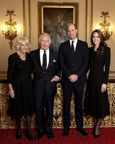 Handout image issued by Buckingham Palace, Camilla, Queen Consort, King Charles III, Prince William, Prince of Wales and Catherine, Princess of Wales pose for a photo ahead of their Majesties the King and the Queen Consort’s reception for Heads of State and Official Overseas Guests at Buckingham Palace, London, UK, on the 18th September 2022. 01 Oct 2022 Pictured: Handout image issued by Buckingham Palace, Camilla, Queen Consort, King Charles III, Prince William, Prince of Wales and Catherine, Princess of Wales pose for a photo ahead of their Majesties the King and the Queen Consort’s reception for Heads of State and Official Overseas Guests at Buckingham Palace, London, UK, on the 18th September 2022. Photo credit: James Whatling / MEGA TheMegaAgency.com +1 888 505 6342 (Mega Agency TagID: MEGA903251_001.jpg) [Photo via Mega Agency]