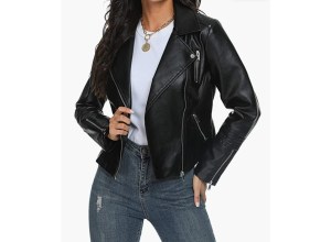 A woman in a black leather jacket.
