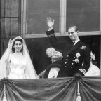 Royal Wedding of Princess Elizabeth (Queen Elizabeth II) and Prince Philip (Duke of Edinburgh) At Westminster Abbey on 20th November 1947. Picture shows the couple on the balcony at Buckingham Palace waving at the crowds.