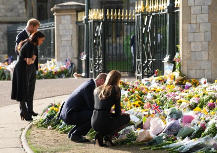 The Prince and Princess of Wales and The Duke and Duchess of Sussex view the tributes left after the death of Queen Elizabeth II, at Windsor Castle, Windsor, Berkshire, UK, on ​​the 10th September 2022. 10 Sep 2022 Pictured: The Prince and Princess of Wales and The Duke and Duchess of Sussex view the tributes left after the Death of Queen Elizabeth II, at Windsor Castle, Windsor, Berkshire, UK, on ​​the 10th September 2022. Photo credit: James Whatling / MEGA TheMegaAgency.com +1 888 505 6342 (Mega Agency TagID: MEGA894272_001.jpg) [Photo via Mega Agency]