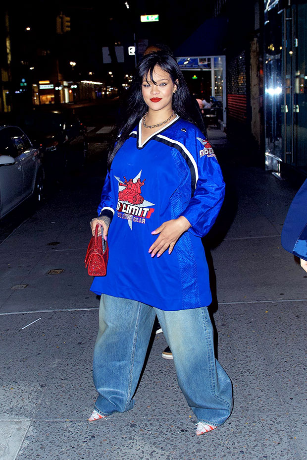 Rihanna Pairs Streetwear With Dark Denim Thigh-High Boots in NYC