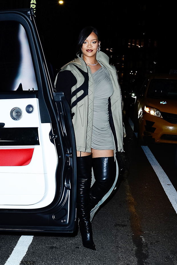 Rihanna Pairs Streetwear With Dark Denim Thigh-High Boots in NYC