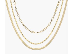 A layered gold necklace.
