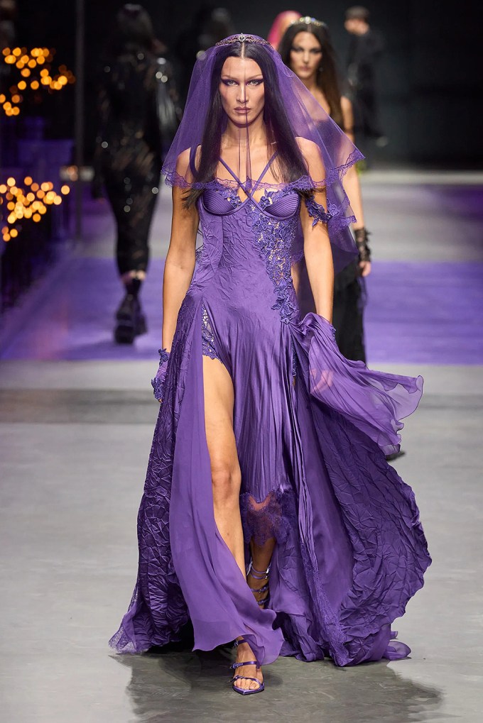 Bella Hadid Is A Vision In Purple Gown At Versace Fashion Show Runway