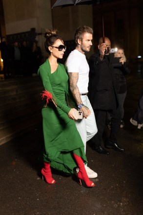 Paris, FRANCE  - *EXCLUSIVE*  - The Beckham family is seen making their fashionable exit from Victoria Beckham's fashion show after party during Fashion Week in Paris, France.Pictured: Victoria Beckham, David BeckhamBACKGRID USA 30 SEPTEMBER 2022 BYLINE MUST READ: Best Image / BACKGRIDUSA: +1 310 798 9111 / usasales@backgrid.comUK: +44 208 344 2007 / uksales@backgrid.com*UK Clients - Pictures Containing ChildrenPlease Pixelate Face Prior To Publication*