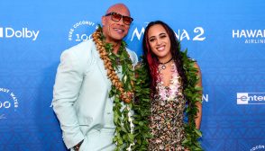 KAPOLEI, HAWAII - NOVEMBER 21: (L-R) Dwayne Johnson and Simone Garcia Johnson attend the world premiere of ‘Moana 2’ at Lanikuhonua Cultural Institute on November 21, 2024 in Kapolei, Hawaii. (Photo by Darryl Oumi/Getty Images)