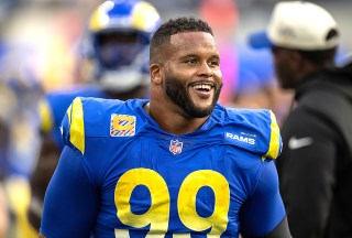 Los Angeles Rams defensive tackle Aaron Donald (99) smiles during an NFL football game against the Carolina Panthers, in Inglewood, Calif
Panthers Rams Football, Inglewood, United States - 16 Oct 2022