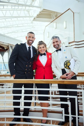 Coverage of the CBS original series THE REAL LOVE BOAT, scheduled to air on the CBS Television Network. --     Pictured (L-R): Matt Mitcham, Ezra Freeman, and Captain Paolo Arrigo.    Photo: Sara Mally/CBS ©2022 CBS Broadcasting, Inc. All Rights Reserved.