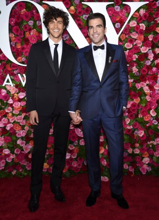 Miles McMillan, Zachary Quinto.  Miles McMillan, left, and Zachary Quinto arrive at the 72nd Annual Tony Awards at Radio City Music Hall, in New York.  The 72nd Annual Tony Awards - Arrivals, New York, USA - June 10, 2018