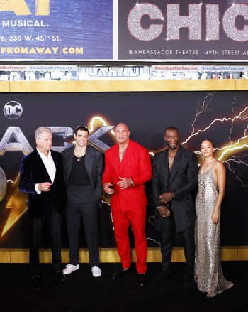 Pierce Brosnan, Noah Centineo, Dwayne Johnson, Aldis Hodge and Quintessa Swinde arrive on the red carpet for DC's "Black Adam" New York premiere at AMC Empire 25 in Times Square on October 12, 2022 in New York City.  Black Adam World Premiere, New York, United States - 12 Oct 2022