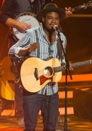From left, Dexter Roberts, Darius Rucker, and CJ Harris perform on stage at the American Idol XIII finale at the Nokia Theater at LA Live, in Los Angeles American Idol XIII Finale - Show, Los Angeles, USA