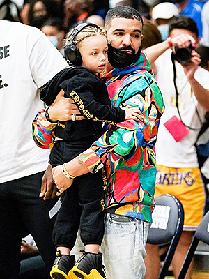 Drake and son Adonis, 5, match in leather jackets at basketball game