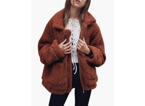 A woman in a brown fleece jacket.
