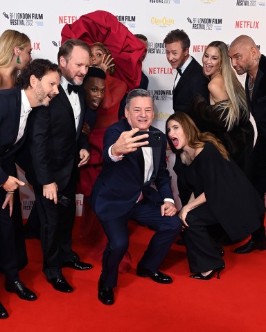 Ram Bergman, Rian Johnson, Leslie Odom Jr., Janelle Monae, Ted Sarandos, Daniel Craig, Kate Hudson, Edward Norton, Kathryn Hahn and Dave Bautista
'Glass Onion: A Knives Out Mystery' premiere, 66th BFI London Film Fetival, UK - 16 Oct 2022