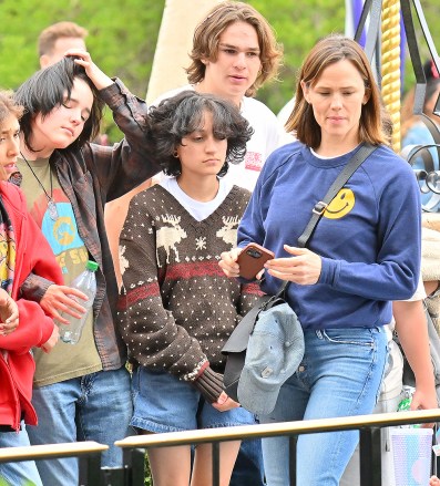EXCLUSIVE: Jennifer Garner takes Seraphina and Jennifer Lopez's daughter Emme out to the happiest place on earth, Disneyland. Jennifer Garner was seen enjoying a day at Disneyland riding on rides like Alice in Wonderland, and Peter Pan while out with her daughter and a group of friends, including Emme Lopez. Seraphina and Emme, now stepsisters, appear to really have a blast together especially while riding Big Thunder Mountain Railroad. 28 May 2023 Pictured: Jennifer Garner, Serephina Affleck and Emme Lopez. Photo credit: Snorlax / MEGA TheMegaAgency.com +1 888 505 6342 (Mega Agency TagID: MEGA988284_009.jpg) [Photo via Mega Agency]