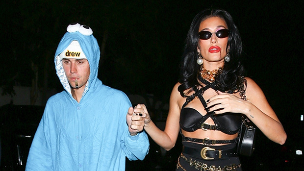Hailey Bieber Dresses As A ‘Versace Vampire’ With Cookie Monster Justin For Halloween Party: Photos