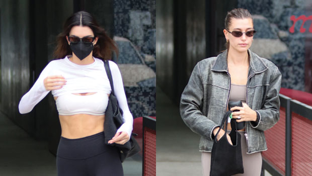 Kendall Jenner & Hailey Baldwin Twin in Sports Bras, Leggings & Slides