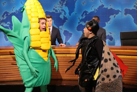 SATURDAY NIGHT LIVE -- “Miles Teller, Kendrick Lamar” Episode 1827 -- Pictured: (l-r) Andrew Dismukes as a crop and Bowen Yang as a spotted lanternfly during Weekend Update on Saturday, October 1, 2022 -- (Photo by: Will Heath/NBC)