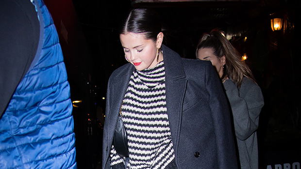 Selena Gomez rocks sleek bob and off-the-shoulder striped sweater