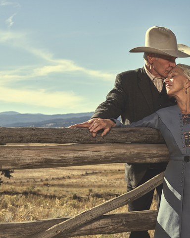 Harrison Ford as Jacob Dutton and Helen MIrren as Cara Dutton in 1923 streaming on Paramount+ 2022. Photo Credit: James Minchin III/Paramount+