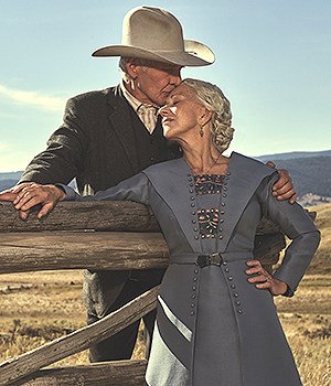 Harrison Ford as Jacob Dutton and Helen MIrren as Cara Dutton in 1923 streaming on Paramount+ 2022. Photo Credit: James Minchin III/Paramount+