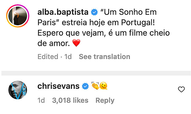 Chris Evans Instagram-Kommentar Alba Baptista