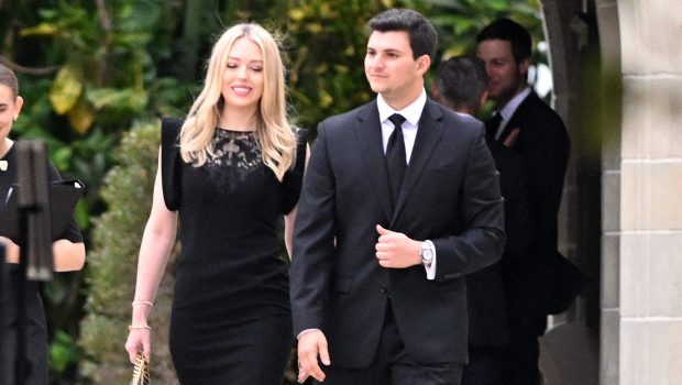 PALM BEACH, FL - JANUARY 18: Tiffany Trump and Michael Boulos are seen arriving for the funeral of Amalija Knavs on January 18, 2024 in Palm Beach, Florida. (Photo by MEGA/GC Images)