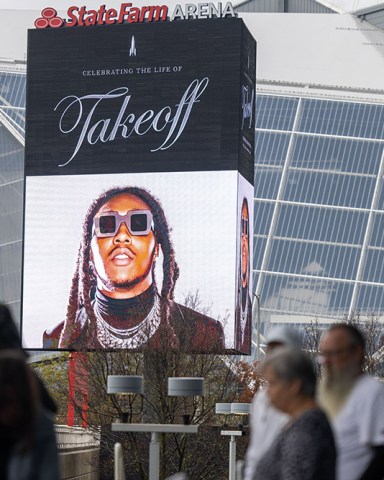 Signage memorializes the rapper Takeoff as  his funeral is held at State Farm Arena in Atlanta, Georgia on November 11th, 2022.
Takeoff Celebration of Life, State Farm Arena, Atlanta, Georgia, USA - 11 Nov 2022
