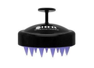 A black and purple scalp massager.