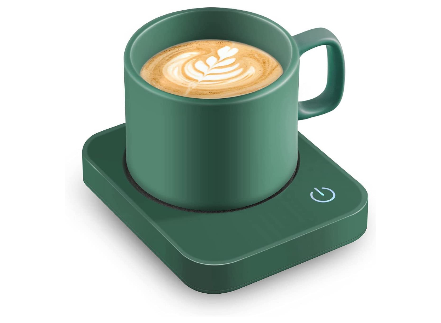 A green coffee mug and warmer.