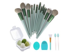 A 22-piece set of green makeup tools.