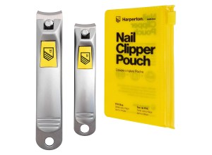 A nail clipper with a yellow pouch.