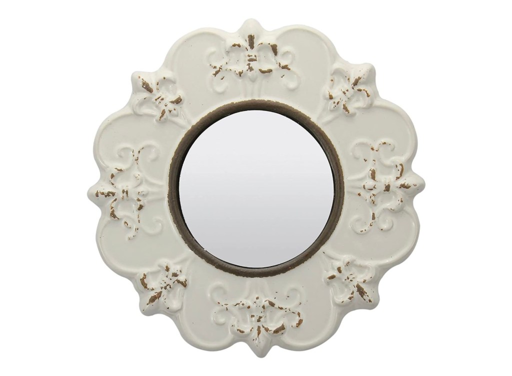 Antique white ceramic round accent mirror